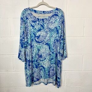 Belle‎ Kim Gravel Tunic Dress Stretch Soft Drapey Blue Floral Tropical Resort 2X